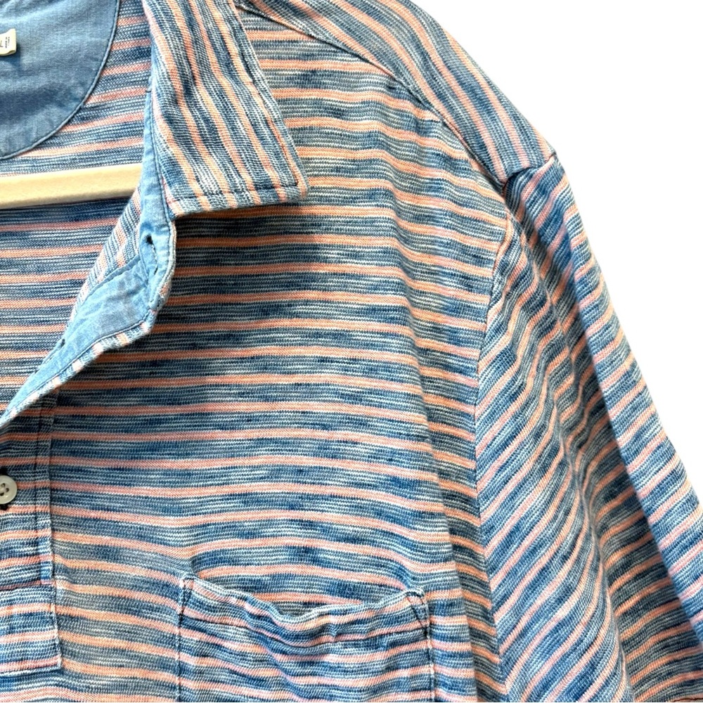 Faherty Short Sleeve Indigo Polo‎ Shirt Baypoint Stripe Cotton Size Large - Picture 5 of 8